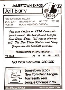 1990 Pucko Jamestown Expos #7 Jeff Barry Back