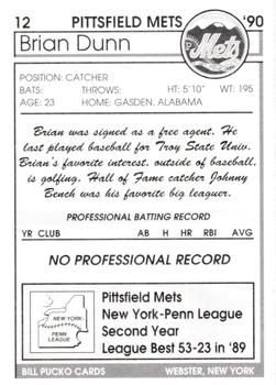 1990 Pucko Pittsfield Mets #12 Brian Dunn Back