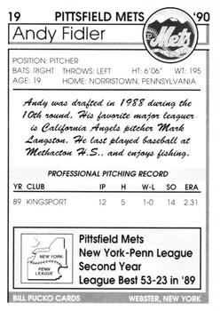 1990 Pucko Pittsfield Mets #19 Andy Fidler Back