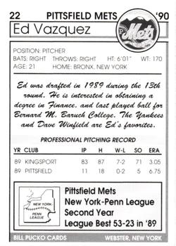 1990 Pucko Pittsfield Mets #22 Ed Vazquez Back