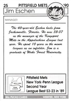 1990 Pucko Pittsfield Mets #25 Jim Eschen Back