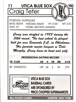 1990 Pucko Utica Blue Sox #11 Craig Teter Back