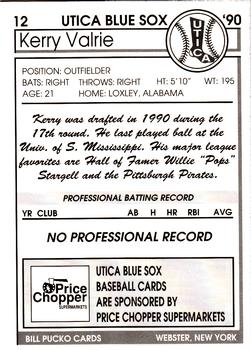 1990 Pucko Utica Blue Sox #12 Kerry Valrie Back