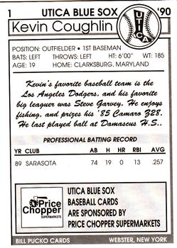 1990 Pucko Utica Blue Sox #1 Kevin Coughlin Back
