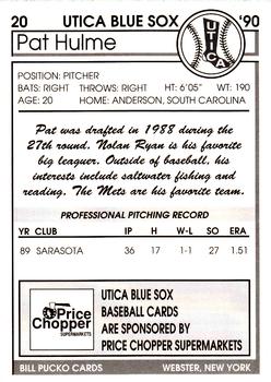 1990 Pucko Utica Blue Sox #20 Pat Hulme Back