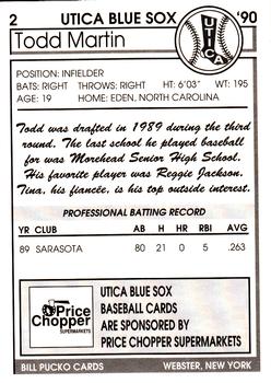 1990 Pucko Utica Blue Sox #2 Todd Martin Back