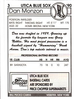 1990 Pucko Utica Blue Sox #3 Dan Monzon Back