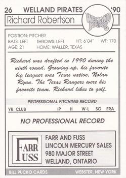 1990 Pucko Welland Pirates #26 Richard Robertson Back