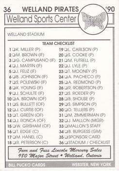 1990 Pucko Welland Pirates #36 Welland Sports Complex / Checklist Back