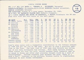 1987 Indianapolis Indians #13 Curt Brown Back