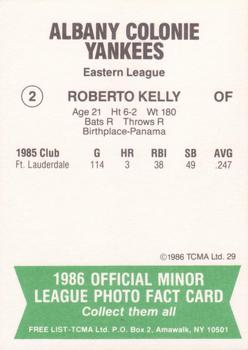 1986 TCMA Albany-Colonie Yankees #2 Roberto Kelly Back