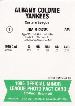 1986 TCMA Albany-Colonie Yankees #1 Jim Riggs Back