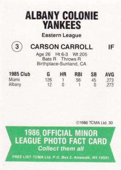 1986 TCMA Albany-Colonie Yankees #3 Carson Carroll Back