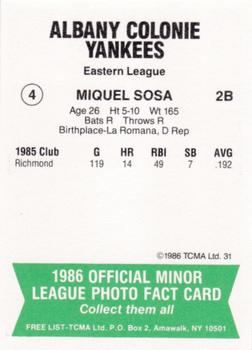 1986 TCMA Albany-Colonie Yankees #4 Miguel Sosa Back