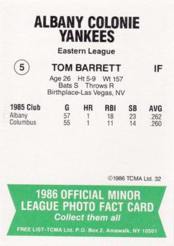 1986 TCMA Albany-Colonie Yankees #5 Tom Barrett Back