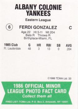 1986 TCMA Albany-Colonie Yankees #6 Fredi Gonzalez Back