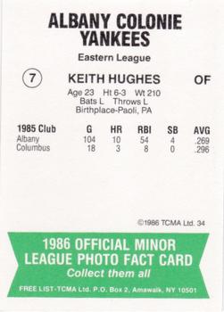 1986 TCMA Albany-Colonie Yankees #7 Keith Hughes Back