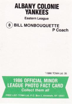 1986 TCMA Albany-Colonie Yankees #8 Bill Monbouquette Back