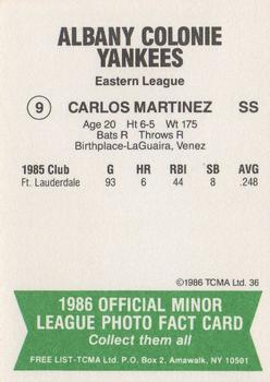 1986 TCMA Albany-Colonie Yankees #9 Carlos Martinez Back