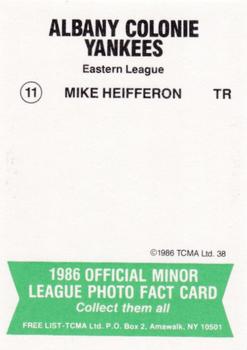 1986 TCMA Albany-Colonie Yankees #11 Mike Heifferon Back