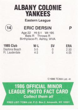 1986 TCMA Albany-Colonie Yankees #14 Eric Dersin Back
