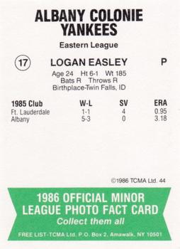 1986 TCMA Albany-Colonie Yankees #17 Logan Easley Back