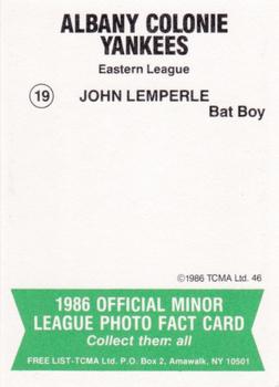 1986 TCMA Albany-Colonie Yankees #19 John Lemperle Back