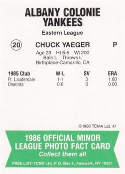 1986 TCMA Albany-Colonie Yankees #20 Chuck Yaeger Back