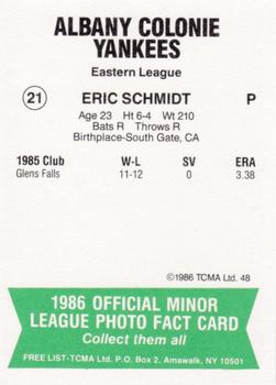 1986 TCMA Albany-Colonie Yankees #21 Eric Schmidt Back