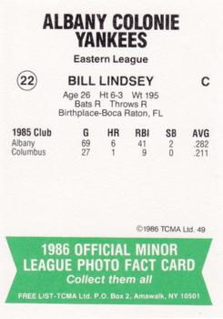 1986 TCMA Albany-Colonie Yankees #22 Bill Lindsey Back