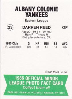 1986 TCMA Albany-Colonie Yankees #23 Darren Reed Back