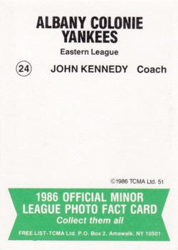 1986 TCMA Albany-Colonie Yankees #24 John Kennedy Back