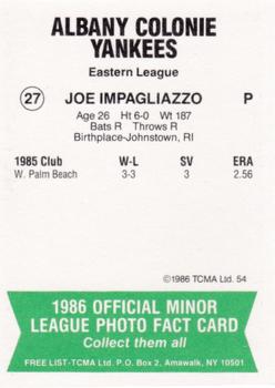 1986 TCMA Albany-Colonie Yankees #27 Joe Impagliazzo Back
