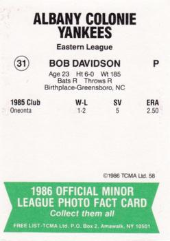 1986 TCMA Albany-Colonie Yankees #31 Bob Davidson Back