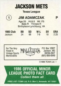 1986 TCMA Jackson Mets #1 Jim Adamczak Back