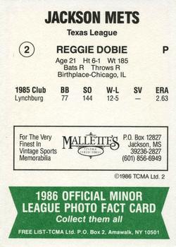 1986 TCMA Jackson Mets #2 Reggie Dobie Back
