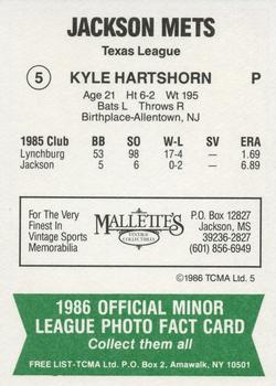 1986 TCMA Jackson Mets #5 Kyle Hartshorn Back