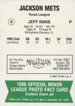 1986 TCMA Jackson Mets #6 Jeff Innis Back
