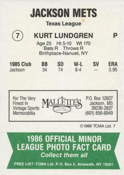 1986 TCMA Jackson Mets #7 Kurt Lundgren Back