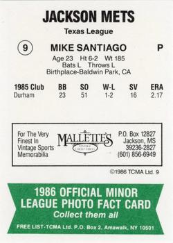 1986 TCMA Jackson Mets #9 Mike Santiago Back