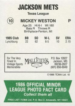 1986 TCMA Jackson Mets #10 Mickey Weston Back