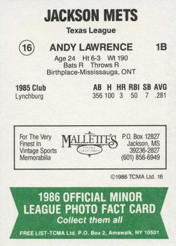 1986 TCMA Jackson Mets #16 Andy Lawrence Back