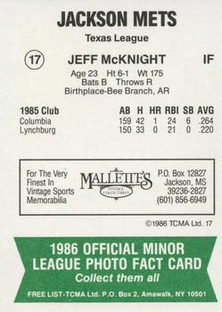 1986 TCMA Jackson Mets #17 Jeff McKnight Back