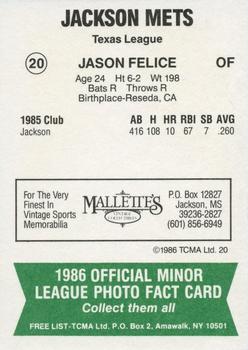1986 TCMA Jackson Mets #20 Jason Felice Back