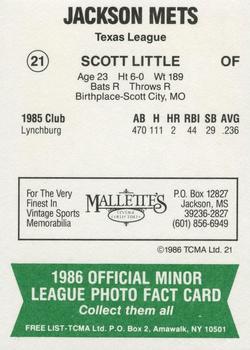 1986 TCMA Jackson Mets #21 Scott Little Back