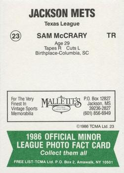 1986 TCMA Jackson Mets #23 Sam McCrary Back