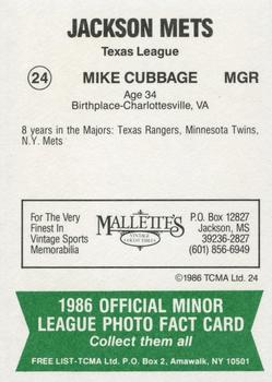 1986 TCMA Jackson Mets #24 Mike Cubbage Back