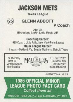 1986 TCMA Jackson Mets #25 Glenn Abbott Back