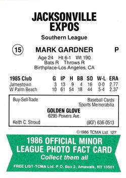 1986 TCMA Jacksonville Expos #15 Mark Gardner Back