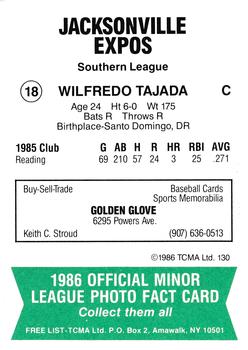 1986 TCMA Jacksonville Expos #18 Wilfredo Tejada Back